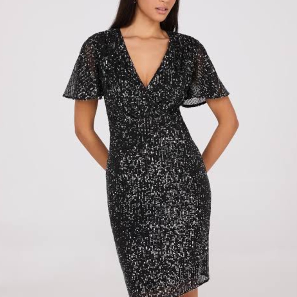 Suzy Shier Black Silver Ruched Sheath Dress NWT Medium